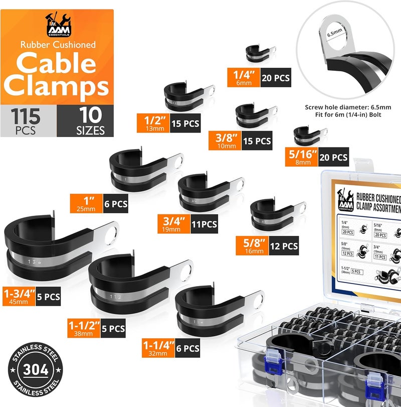 AAM ESSENTIALS 115 pcs cable clamps-304 Stainless Steel-Rubber Cushion Wire clamps-10 sizes 1/4" 5/16" 3/8" 1/2" 5/8" 3/4" 1" 1-1/4" 1-1/2" 1-3/4"-Assortment kit for pipe & wire mounting (Extra 5pcs) - Image 3